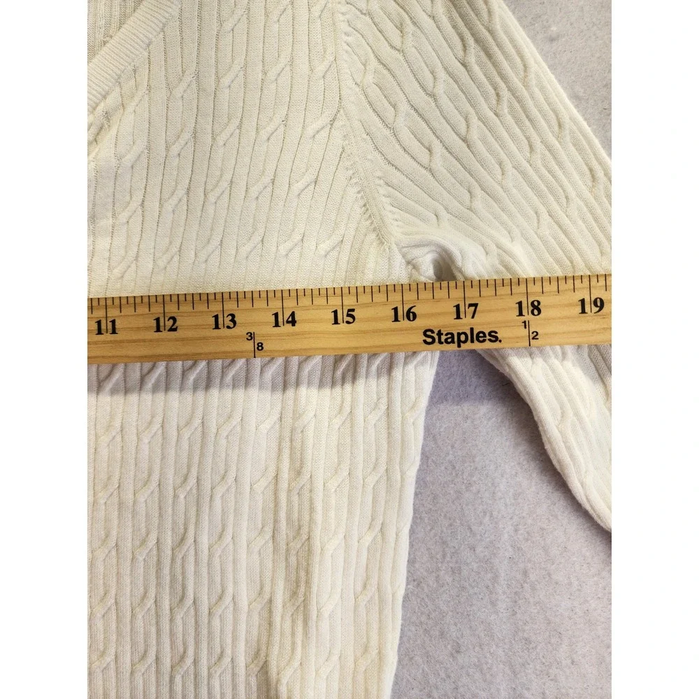 Talbots Petites White Pima Cotton Cable Knit V-Neck Button Front Cardigan L